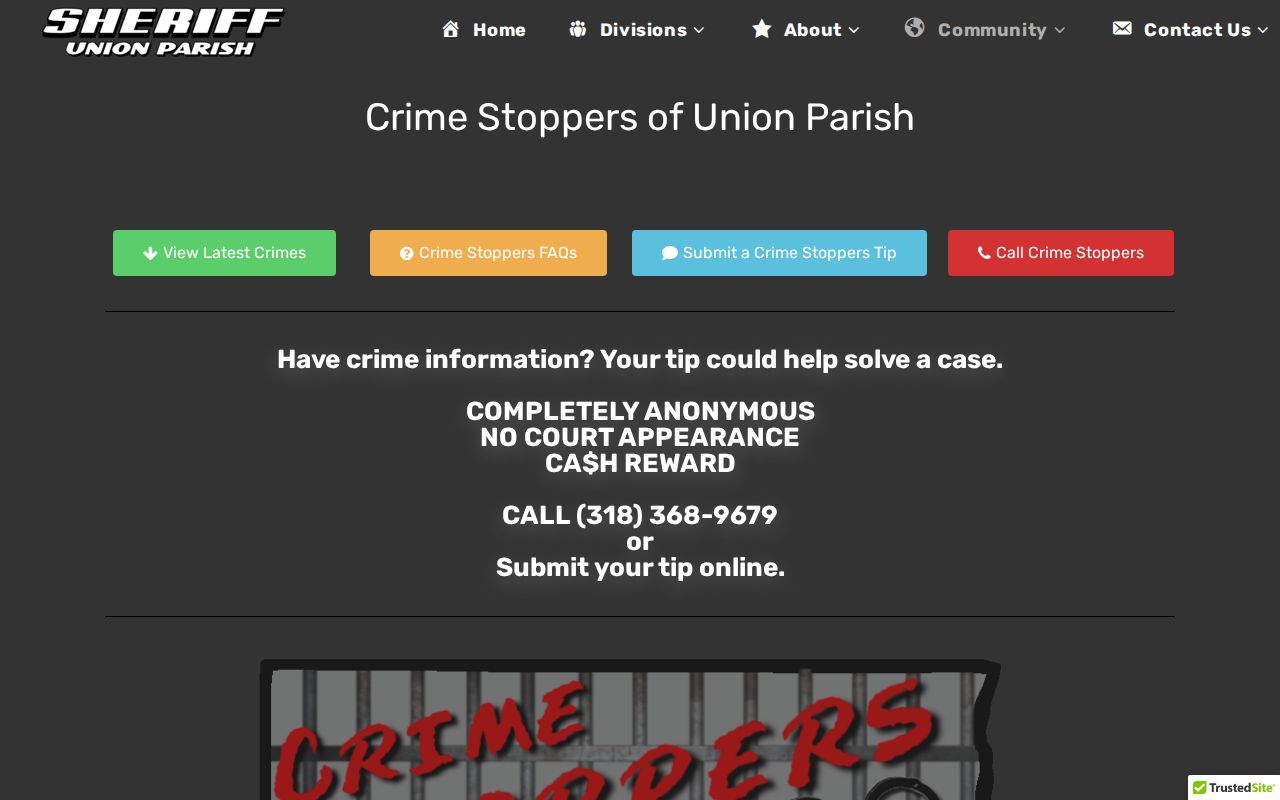 Union Parish warrant records research: Crime Stoppers anonymous tip banner and tip line