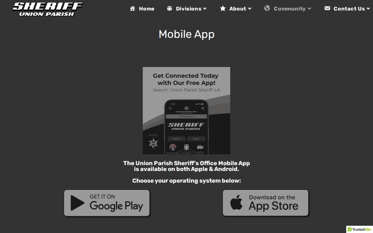 Union Parish warrant records research: sheriff mobile app availability page, a booking-photo resource rather than a warrant list