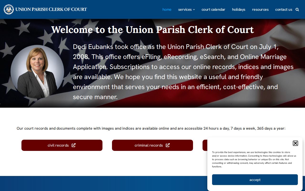 Union Parish warrant records research: Clerk of Court home page with criminal records link