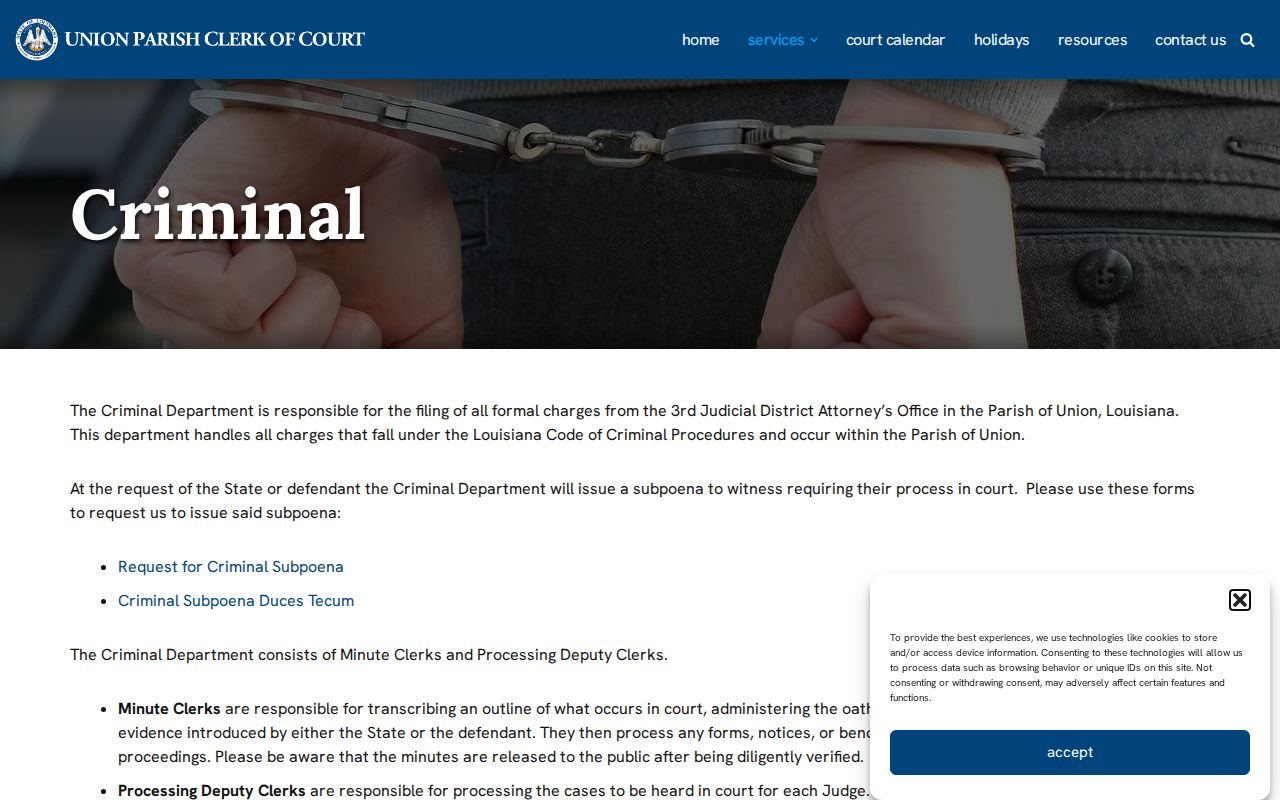 Union Parish warrant records research: Clerk of Court criminal department page describing bench warrant processing