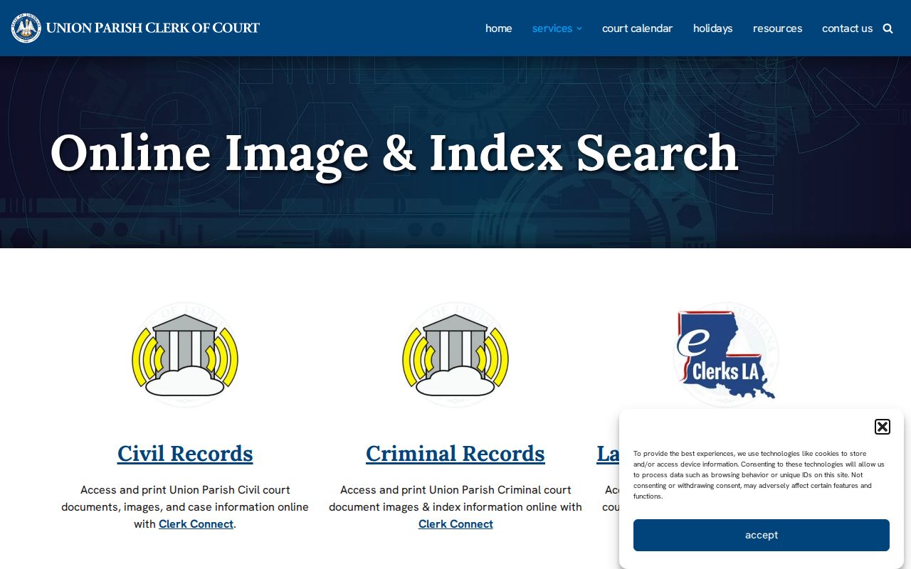 Union Parish warrant records: Clerk criminal-record access page and COTT E-Search notice
