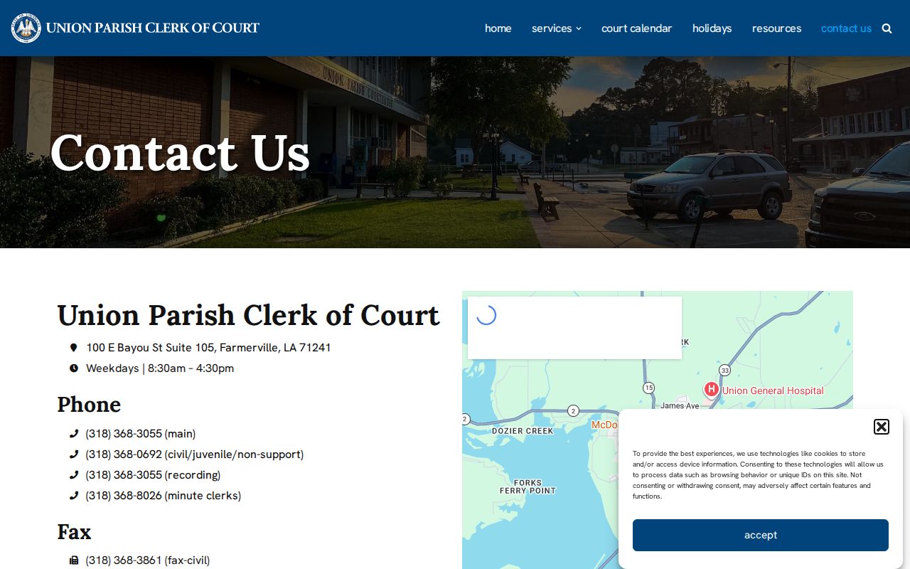 Union Parish warrant records research: Clerk of Court contact block and inquiry form