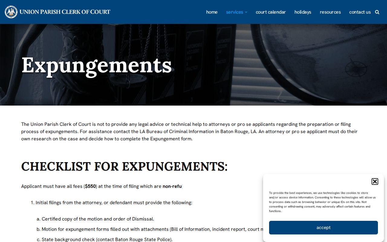 Union Parish warrant records research: official expungement checklist and fee block