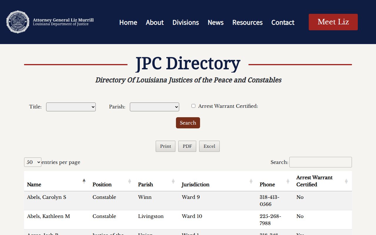 Union Parish warrant records research: Justice of the Peace and constable directory search interface