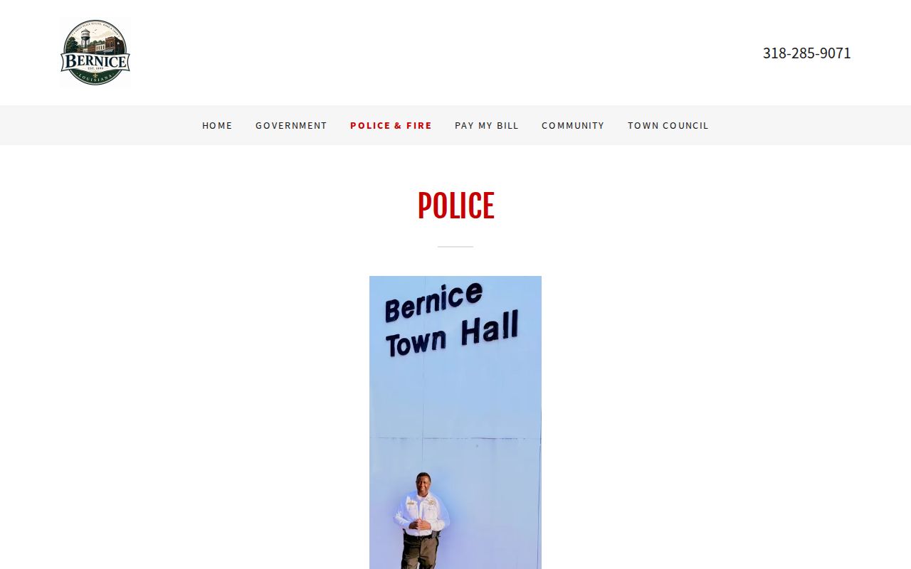 Union Parish warrant records: Bernice police and fire page showing the municipal public contact