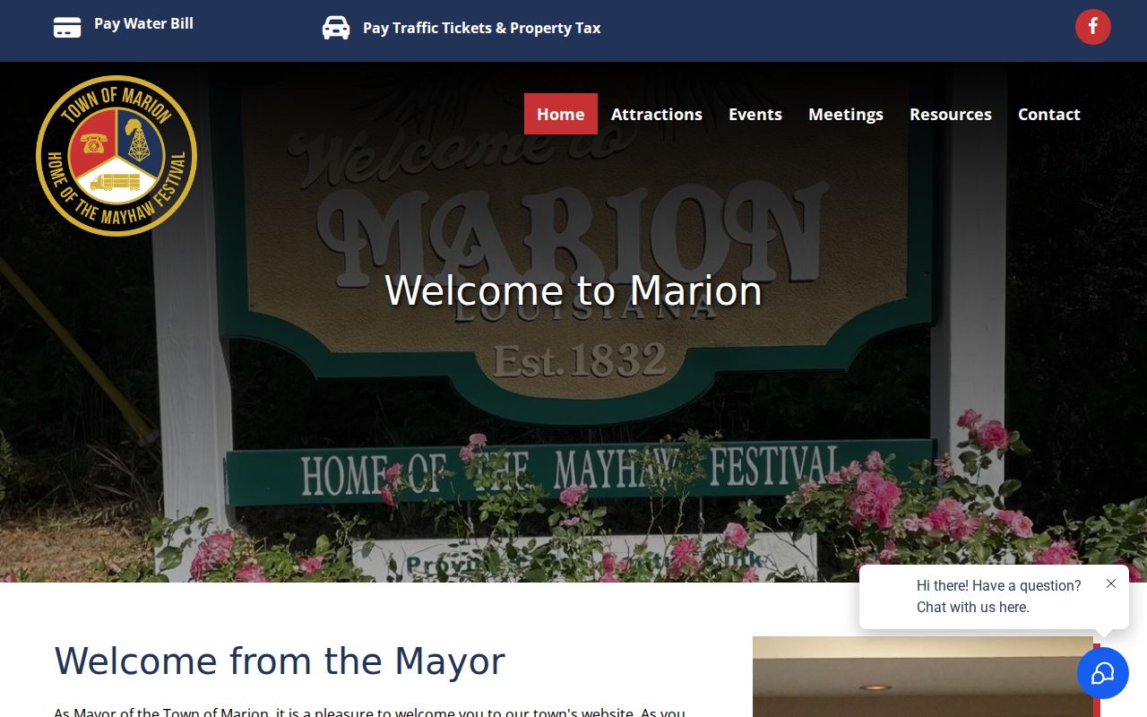 Union Parish warrant records: Marion official town site showing the town contact and traffic payment reference