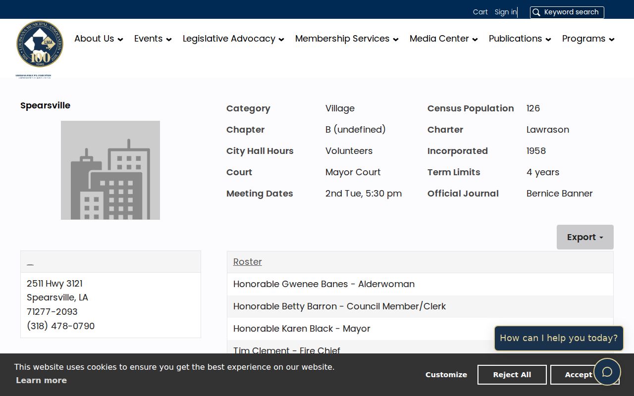 Union Parish warrant records: Spearsville municipal profile listing the village office and police chief