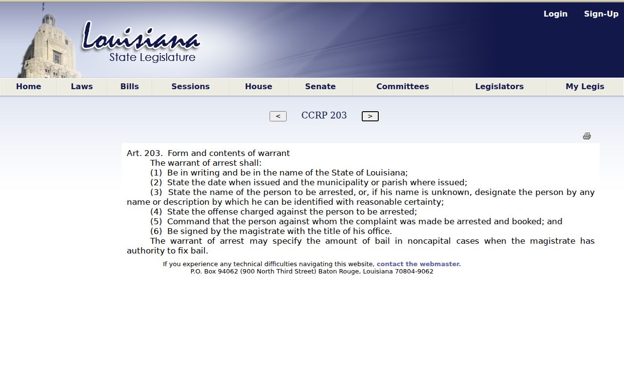 Union Parish warrant records research: statutory arrest warrant field list under Louisiana law