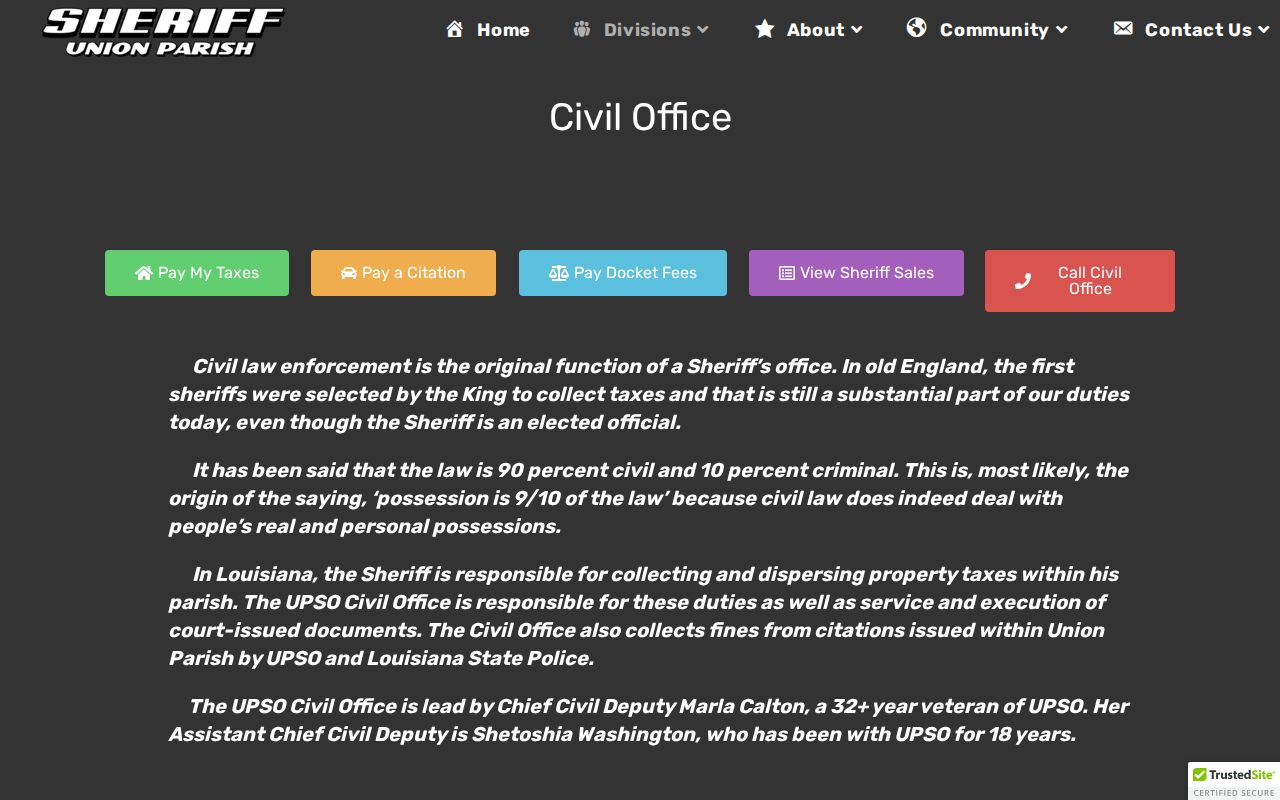 Union Parish warrant records research: sheriff civil office citation and docket fee payment buttons