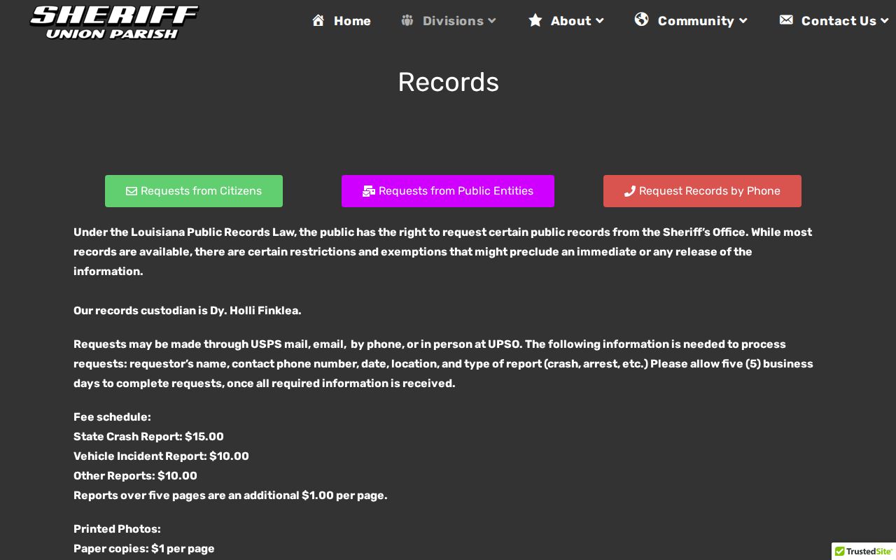 Union Parish warrant records research: sheriff records request page and fee table